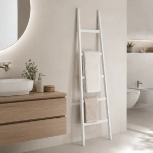 Carl scala decorativa porta asciugamani in legno laccato bianco opaco 38x3xH.150 cm