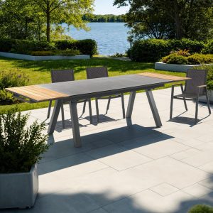 Thilia tavolo allungabile in alluminio antracite opaco piano in vetro colore antracite 200-290x100xH.76 cm