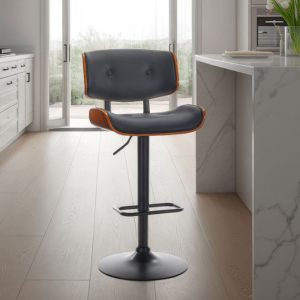 Uppsala black sgabello legno multistrato tinto finitura noce pelle sintetica nera metallo nero opaco H.95-115 L.51 P.55 cm