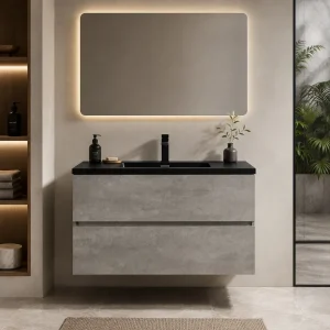 Willy black cement bagno 90 finitura grigio cemento 2 cestoni e lavello nero 90x47.5xH.52 cm