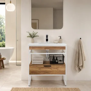Loom-a wood mobile bagno 80 in acciaio bianco opaco con lavello e cestone finitura rovere 80x46xH.84 cm