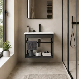 Loom-b grey/black 60 mobile bagno in acciaio nero opaco con lavello e cestone finitura larice grigio 60x46xH.52 cm