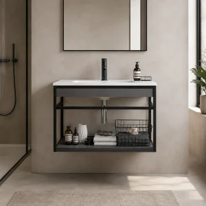 Loom-b grey/black 80 mobile bagno in acciaio nero opaco con lavello e cestone finitura larice grigio 80x46xH.52 cm