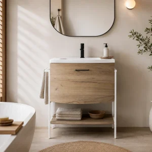 Loom-c wood mobile bagno in acciaio verniciato bianco opaco con lavello e cestone finitura rovere 75x46xH.86 cm