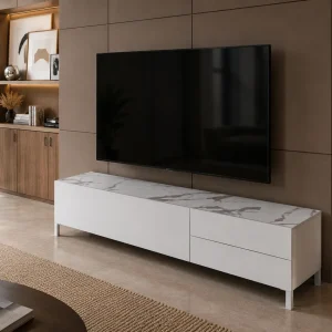 Eddy milano porta tv 1 anta e 2 cassetti laccato bianco lucido top finitura marmo calacatta opaco 160x40xH.42 cm