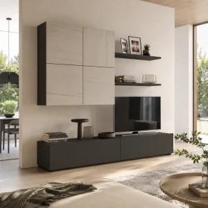 Tonya parete soggiorno grigio graphite opaco e 4 ante con finitura marmo 200x39.5xH.194 cm