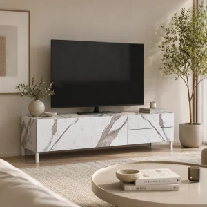 Eddy white marble porta tv 1 anta ribalta e 2 cassetti finitura marmo bianco opaco calacatta 160x40xH.42 cm
