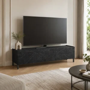 Eddy black marble porta tv 1 anta ribalta e 2 cassetti finitura marmo nero opaco 160x40xH.42 cm
