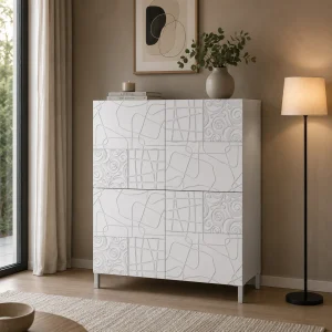 Eddy graphic mobile alto 4 ante serigrafate laccato bianco lucido 90x35xH.110 cm