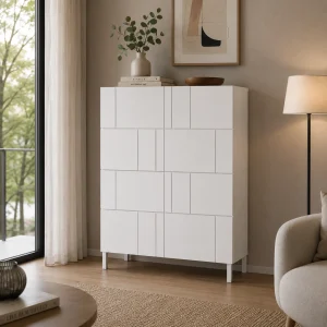 Eddy random mobile alto 4 ante serigrafate laccato bianco lucido 90x35xH.110 cm