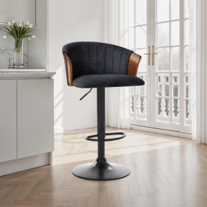BRYAN Dark Wood Black sgabello regolabile in legno curvato noce con seduta imbottita in tessuto nero idrorepellente H.82-102 cm