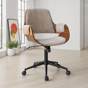 BENNY Dark Wood Tortora poltrona da ufficio regolabile in legno noce con seduta imbottita in tessuto tortora idrorepellente H.89-101 cm