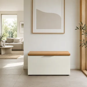 Panca - scarpiera 1 ante a ribalta ANNENCY WHITE laccata Bianco lucido top finitura Rovere H.42 L.80 P.38 cm