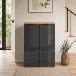 Scarpiera 2 ante 5 ripiani interni ANNENCY GREY laccata Antracite lucido top finitura Rovere H.115 L.80 P.34 cm