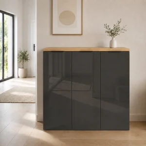Scarpiera 3 ante 10 ripiani interni ANNENCY GREY laccata Antracite lucido top finitura Rovere H.115 L.120.3 P.34 cm