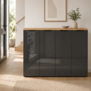 Scarpiera 4 ante 10 ripiani interni ANNENCY GREY laccata Antracite lucido top finitura Rovere H.115 L.160.4 P.34 cm