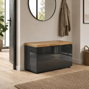 Panca - scarpiera 1 ante a ribalta ANNENCY GREY laccata Antracite lucido top finitura Rovere H.42 L.80 P.38 cm