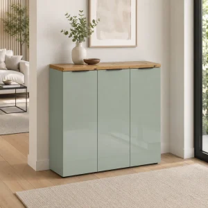 Scarpiera 3 ante 10 ripiani interni ANNENCY GREEN laccata Verde Salvia lucido top finitura Rovere H.115 L.120.3 P.34 cm