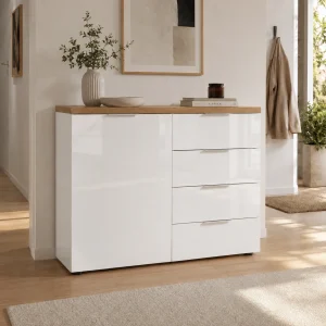 Madia 1 ante 4 cassetti ANNENCY WHITE laccata Bianco lucido top finitura Rovere H.89 L.120 P.43 cm