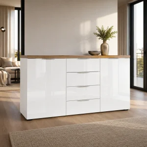Madia 2 ante 4 cassetti ANNENCY WHITE laccata Bianco lucido top finitura Rovere H.89 L.180 P.43 cm