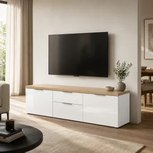 Porta TV 2 ante 2 cassetti ANNENCY WHITE 180 laccata Bianco lucido top finitura Rovere H.49 L.180 P.43 cm