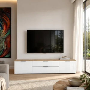 Porta TV 2 ante 2 cassetti ANNENCY WHITE 180 laccata Bianco lucido top finitura Rovere H.49 L.220 P.43 cm