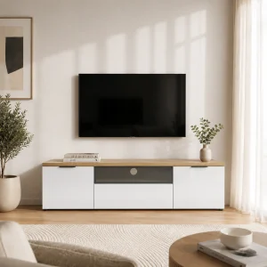 Porta TV 2 ante 1 cassetto ANNENCY WHITE 180 laccata Bianco lucido top finitura Rovere H.49 L.180 P.43 cm
