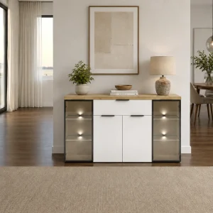 Madia 4 ante 1 cassetto ANNENCY WHITE 2 ante vetro 2 ante e 1 cassetto Bianco lucido H.89.9 L.160.2 P.43.2 cm