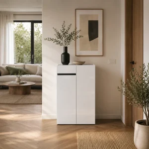 Scarpiera 2 ante 1 cassetto 5 ripiani interni LOCRONAN laccata Bianco lucido top finitura Ardesia H.118.4 L.80 P.34 cm