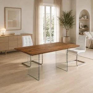 Float Tavolo Scrivania in Legno Massello finitura Rovere con gambe in Vetro Temprato 180 x 90 cm