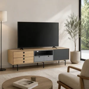 Hero madia porta tv in mdf rovere e grigio opaco con base in metallo nero L.170 P.40 H.51 cm