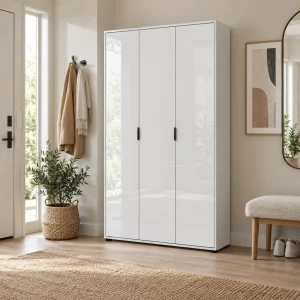 Scout bianco Armadio multiuso scarpiera 3 ante 4 ripiani pannello truciolare melaminico bianco lucido, L.107 x P.36 x H.180 cm