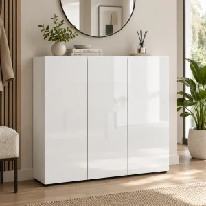 Pentu bianco Armadietto scarpiera 3 ante 10 ripiani pannello truciolare melaminico bianco lucido, L.120 x P.34 x H.114 cm