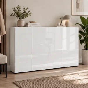 Pentu bianco Armadietto scarpiera 4 ante 10 ripiani pannello truciolare melaminico bianco lucido, L.160 x P.34 x H.114 cm