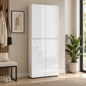 Pentu bianco Armadietto scarpiera alto 4 ante 10 ripiani pannello truciolare melaminico bianco lucido, L.80 x P.34 x H.200 cm