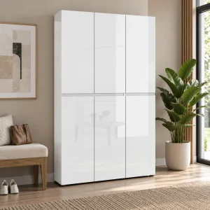 Pentu bianco Armadietto scarpiera alto 6 ante 20 ripiani pannello truciolare melaminico bianco lucido, L.120 x P.34 x H.200 cm