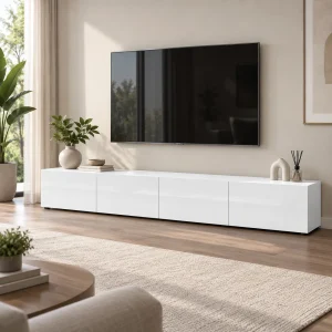 Pentu bianco Porta TV 4 ante pannello truciolare melaminico bianco lucido, L.225 x P.38 x H.39 cm