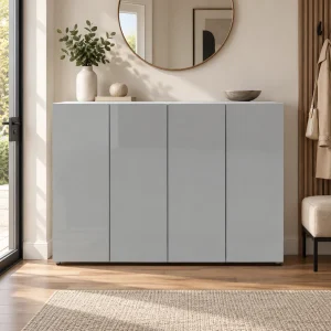 Pentu grigio Armadietto scarpiera 4 ante 10 ripiani pannello truciolare melaminico grigio lucido, L.160 x P.34 x H.114 cm