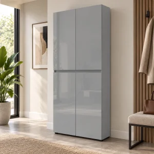 Pentu grigio Armadietto scarpiera alto 4 ante 10 ripiani pannello truciolare melaminico grigio lucido, L.80 x P.34 x H.200 cm