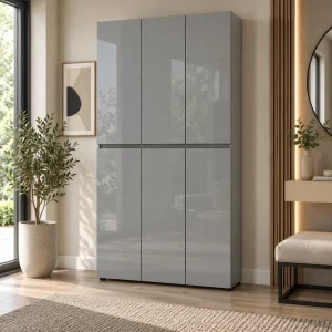 Pentu grigio Armadietto scarpiera alto 6 ante 20 ripiani pannello truciolare melaminico grigio lucido, L.120 x P.34 x H.200 cm