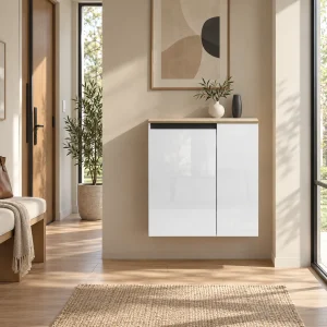 Tommy bianco Scarpiera sospesa 2 ante 4 ripiani pannello truciolare melaminico bianco lucido e rovere, L.80 x P.35 x H.85 cm