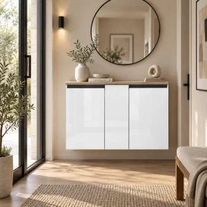 Tommy bianco Scarpiera sospesa 3 ante 8 ripiani pannello truciolare melaminico bianco lucido e rovere, L.129,7 x P.35 x H.85 cm