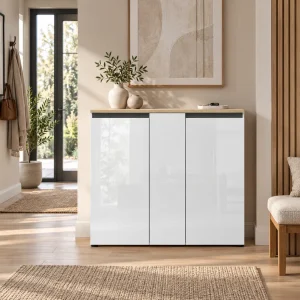 Tommy bianco Scarpiera a terra 3 ante 10 ripiani pannello truciolare melaminico bianco lucido e rovere, L.129,7 x P.35 x H.113,2 cm