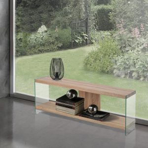 Nancy Porta TV vetro temprato pannelli ecologici MDF melamminico rovere e trasparente, H.45 x L.120 x P.29,5 cm