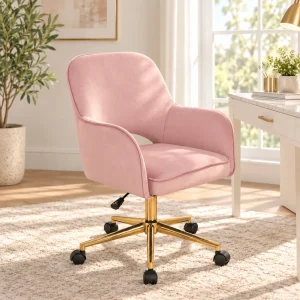 Victoria pink Poltrona da ufficio microfibra effetto velluto e metallo rosa cipria e oro lucido, H.80/88 x L.57 x P.58 cm